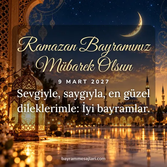 "Ramazan Bayramınız Mübarek Olsun" yazılı resimli Ramazan Bayramı mesajı, hilal ve cami, kırmızı arka planı: Sevgiyle, saygıyla, en güzel dileklerimle: İyi bayramlar.