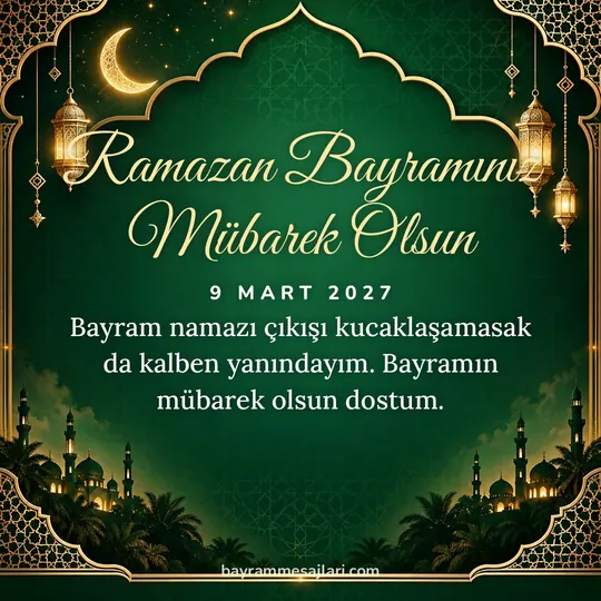 "Ramazan Bayramınız Mübarek Olsun" yazılı resimli Ramazan Bayramı mesajı, hilal ve cami, koyu arka planı: Bayram namazı çıkışı kucaklaşamasak da kalben yanındayım. Bayramın mübarek olsun dostum.