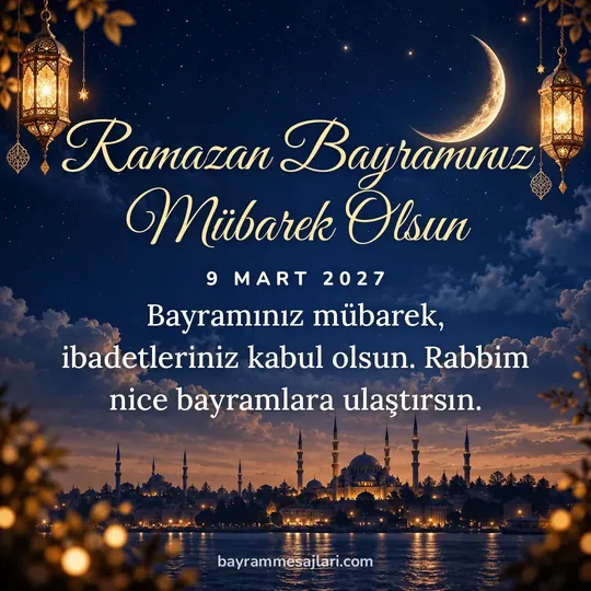 "Ramazan Bayramınız Mübarek Olsun" yazılı resimli Ramazan Bayramı mesajı, hilal ve cami, lacivert arka planı: Bayramınız mübarek, ibadetleriniz kabul olsun. Rabbim nice bayramlara ulaştırsın.