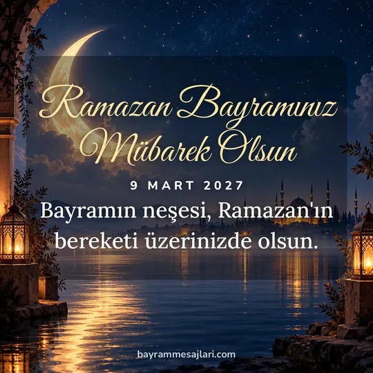 "Ramazan Bayramınız Mübarek Olsun" yazılı resimli Ramazan Bayramı mesajı, hilal ve cami, lacivert arka planı: Bayramın neşesi, Ramazan'ın bereketi üzerinizde olsun.