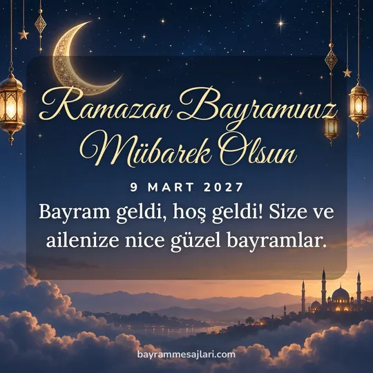 "Ramazan Bayramınız Mübarek Olsun" yazılı resimli Ramazan Bayramı mesajı, hilal ve cami, lacivert arka planı: Bayram geldi, hoş geldi! Size ve ailenize nice güzel bayramlar.