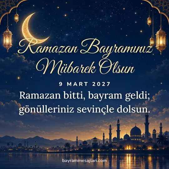 "Ramazan Bayramınız Mübarek Olsun" yazılı resimli Ramazan Bayramı mesajı, hilal ve cami, lacivert arka planı: Ramazan bitti, bayram geldi; gönülleriniz sevinçle dolsun.